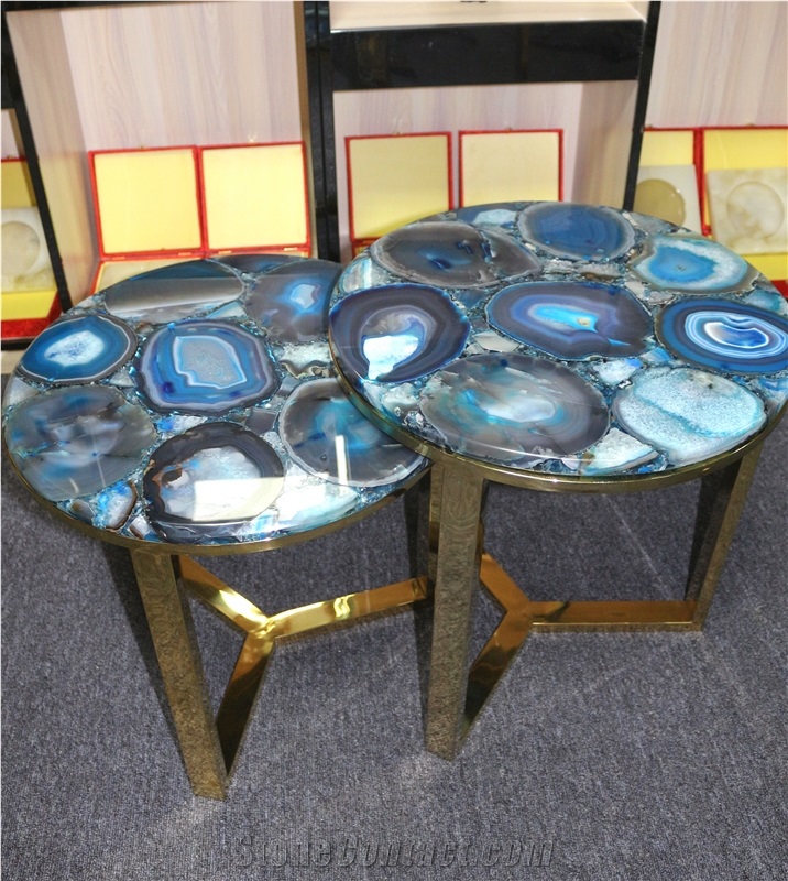 Customized Agate Blue Semiprecious Stone Table Top