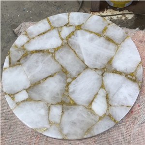 Custom Furniture Luxury Table White with Gold Crystal Semiprecious Stone