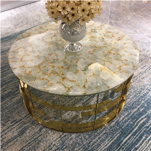 Custom Furniture Luxury Table White with Gold Crystal Semiprecious Stone