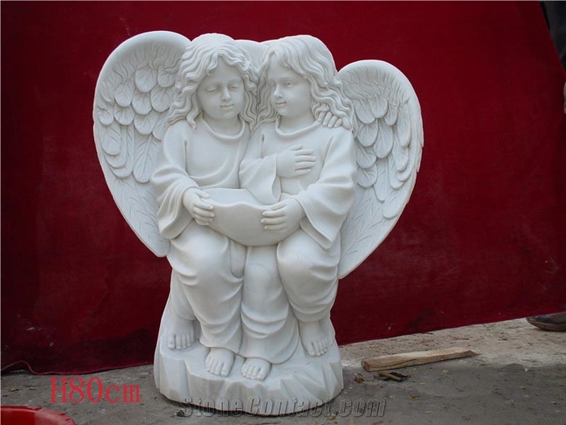 Chinese White Marble Double Angels Sculpture
