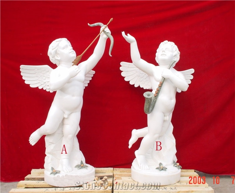 Engraved Dancing Angel Statues Of White Marble
