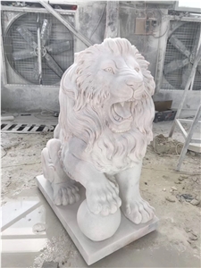 Handmade White Marble Lion Sculpture Statue