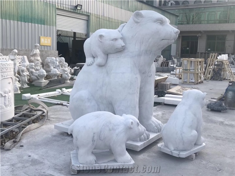 Marble Carved Bear Mother and Child