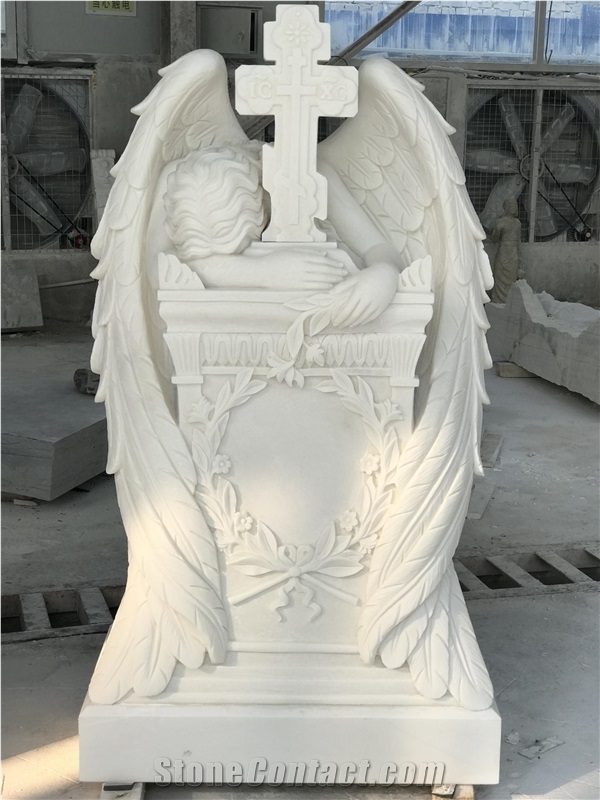 White Marble Angel Cross Monument for Wholesell