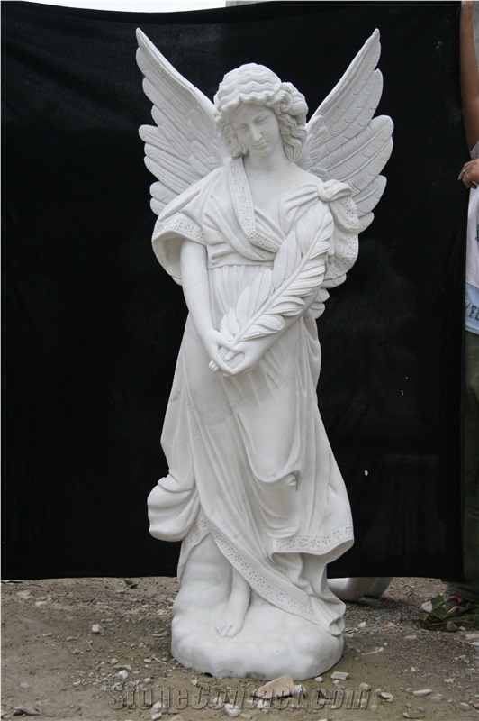 White Marble Angel Statue Holding Leaves