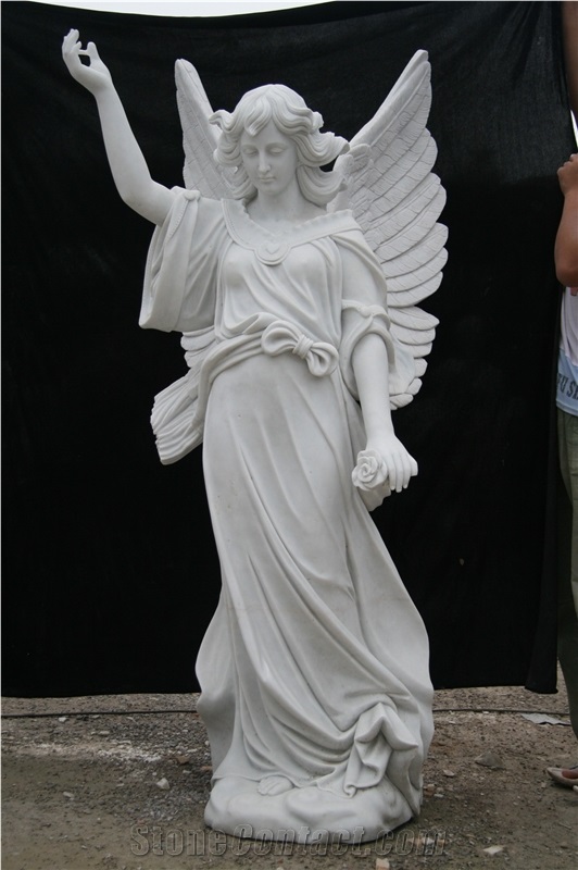 White Marble Angel Statue Holding Rose