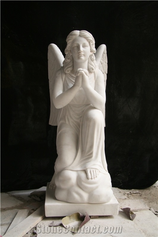 White Marble Angel Statue Kneeling on One