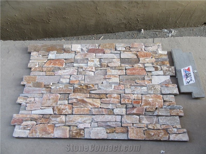 Yellow Quartize Brick Stacked Z Stone Feature Wall