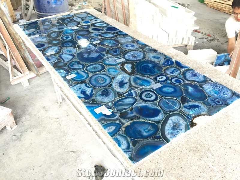 Backlit Blue Agate Semiprecious Bathroom Wall Tile