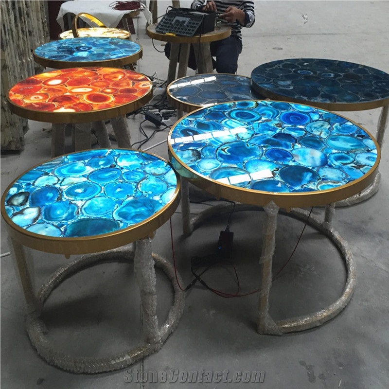 Backlit Blue Agate Stone Gemstone Cafe Tables