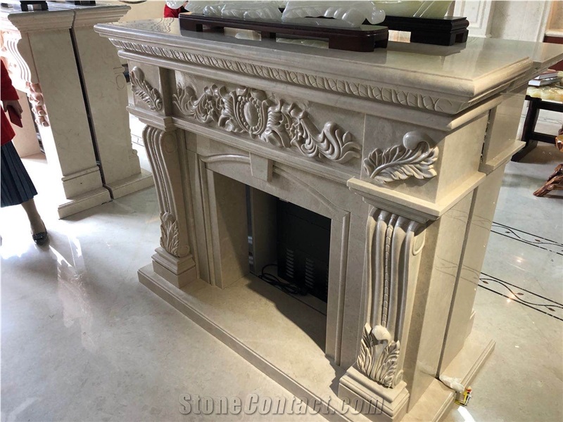 Indoor Modern Beige Marble Fireplace
