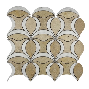 Beige W White Marble Waterjet Mosaic Pattern Tiles