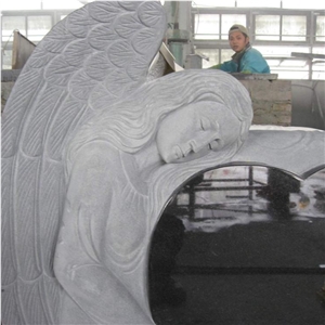 Black Granite Angel with Heart Headstone