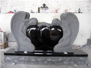 Black Granite Double Angel Heart Headstone