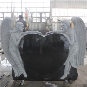 Black Granite Double Angel Tombstone with Heart