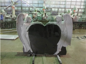 Black Granite Double Heart Angel Headstone