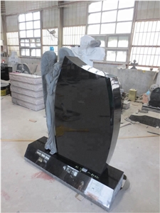 Black Square Granite Angel with Wings Tombstone
