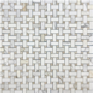 Calacatta Basketweave W Beige Gray Dot Mosaic Tile