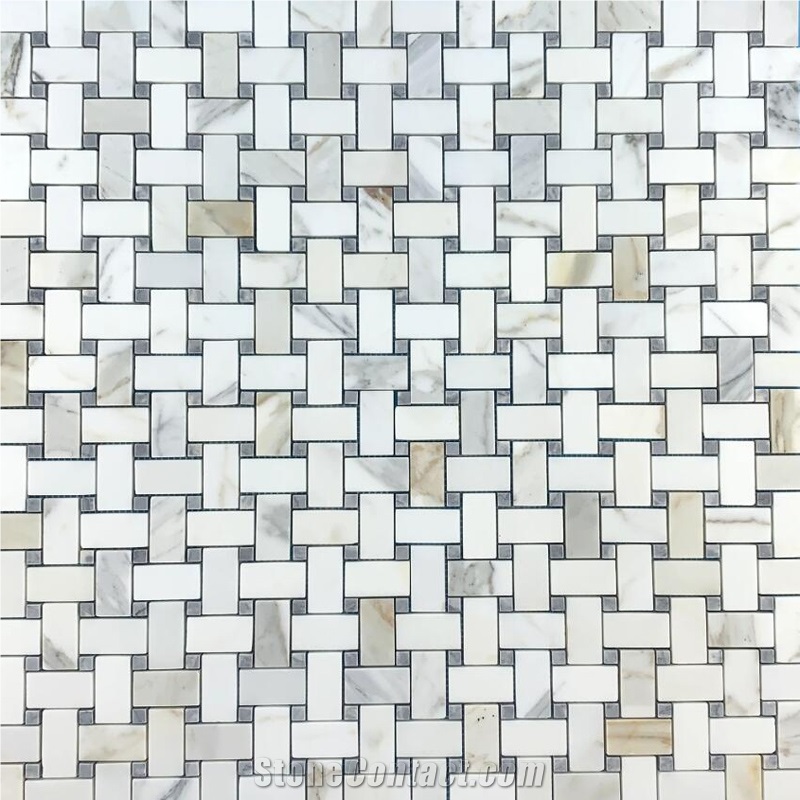 Calacatta Basketweave W Beige Gray Dot Mosaic Tile
