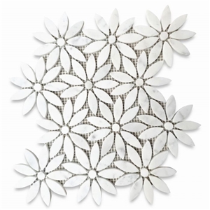 Carrara White Daisy Field Flower Waterjet Mosaic