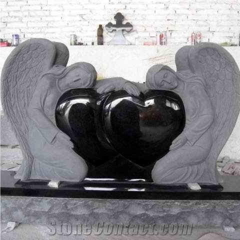 Carved Granite Double Angel Statue Tombstone