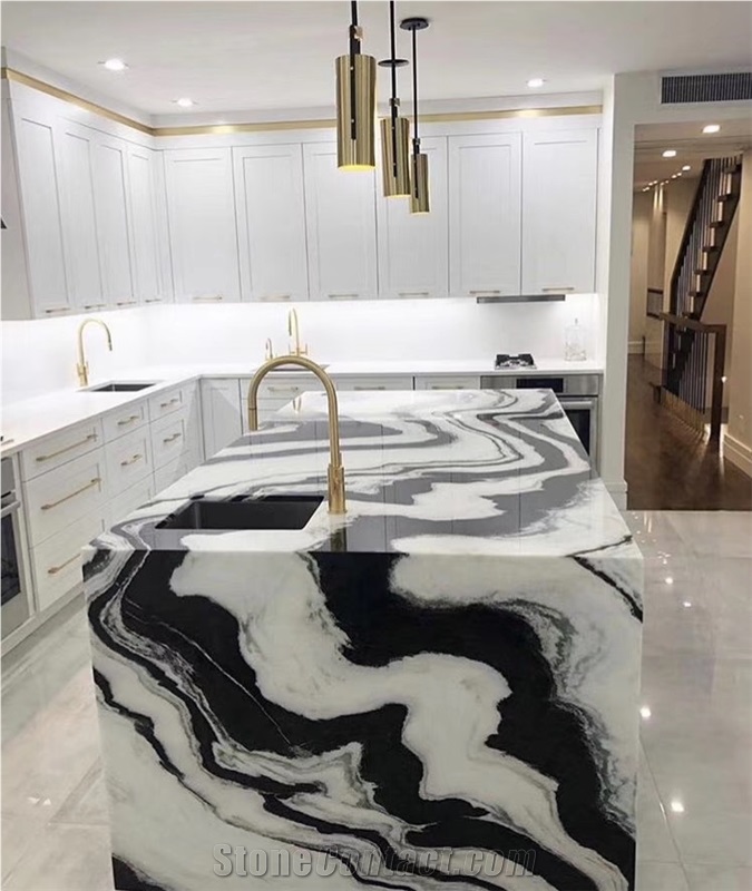 China Panda White Marble Kitchen, White Kitchen With Black Marble Countertops