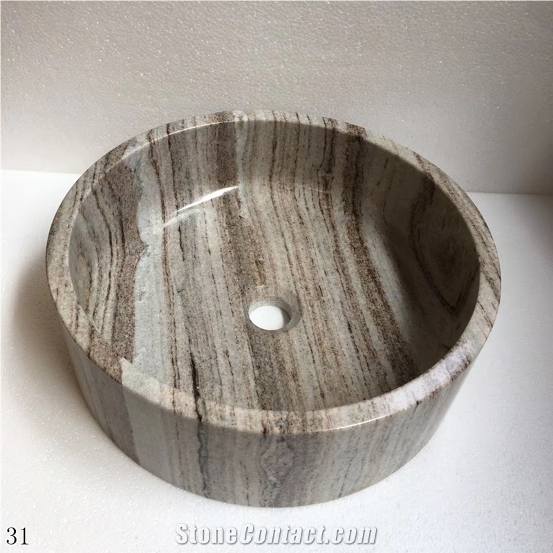 Crystal Wood Marble Basin Natural Stone Round Sink