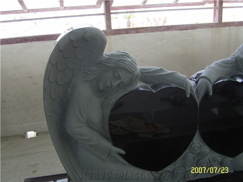 Double Angel Heart Shaped Black Granite Headstone
