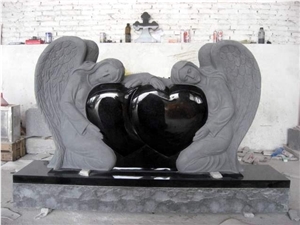 Double Heart Black Granite Headstone
