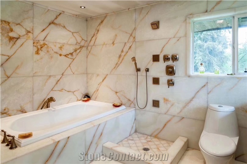 Golden White Onyx Stone Bathroom Floor Tiles