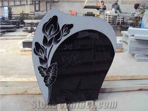 Handcarved Flower Black Granite Headstone Factory