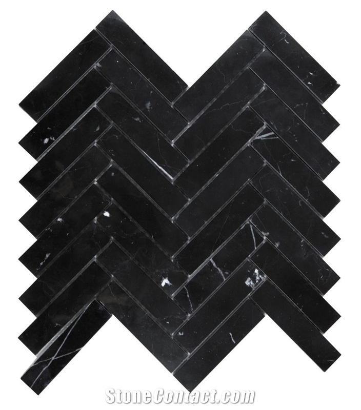 Herringbone Marquina 11.25x11 Black Marble Mosaic