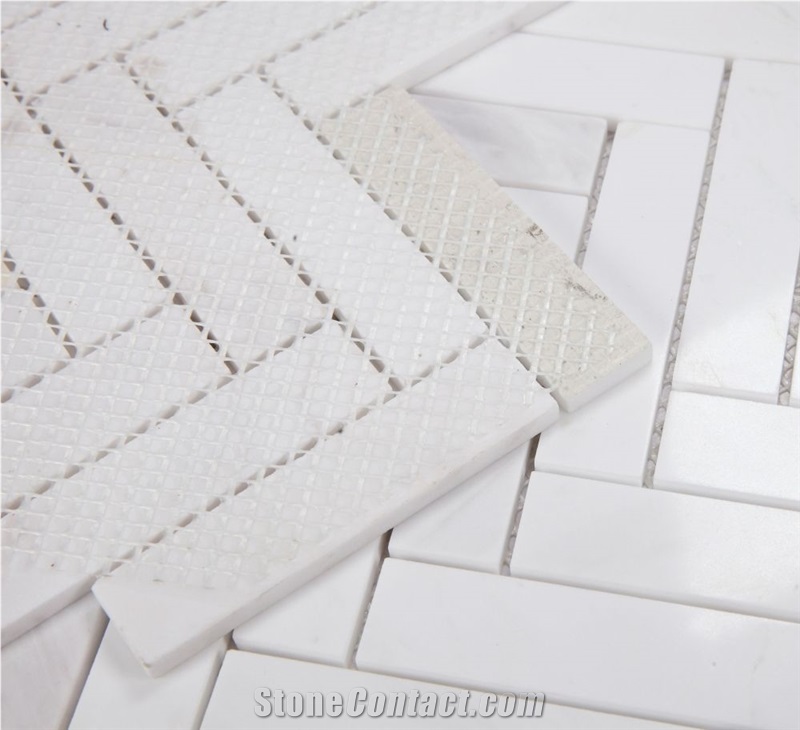 Herringbone White 11.25x11 Volakas Marble Mosaic