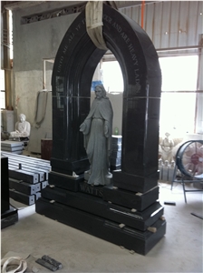 Holy Inlaid Design Black Granite Jesus Headstone