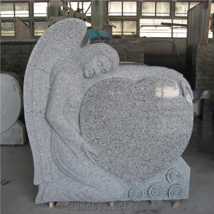 Light Gray Granite Heart Angel with Wing Headstone