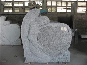 Light Gray Granite Heart Angel with Wing Headstone