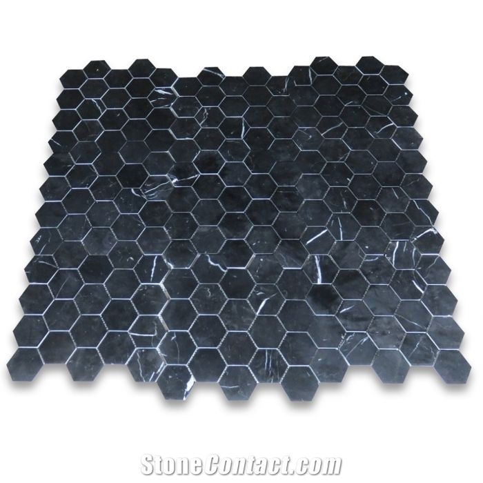 Nero Marquina Black Marble 3" Hexagon Mosaic Tile