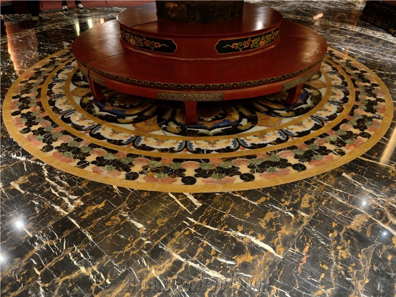 Polished Black Golden Flower Marble Flooring Tile
