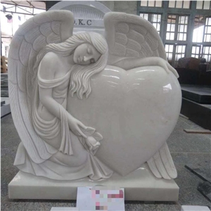 Polished White Marble Heart Shape Angel Headstone