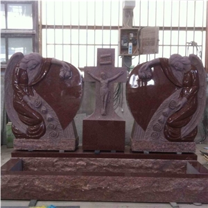 Red Granite Double Angel Headstone with Cross