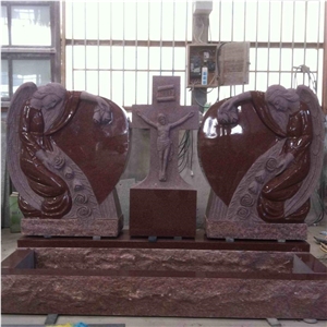 Red Granite Double Angel Headstone with Cross