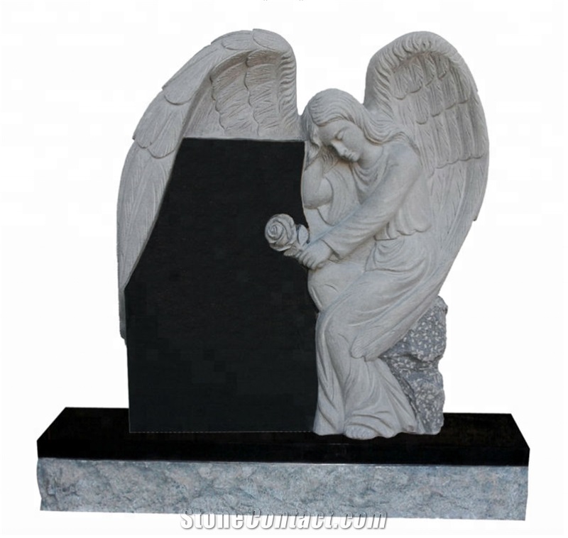 Sitting Angel Hold Rose Upright Granite Tombstone