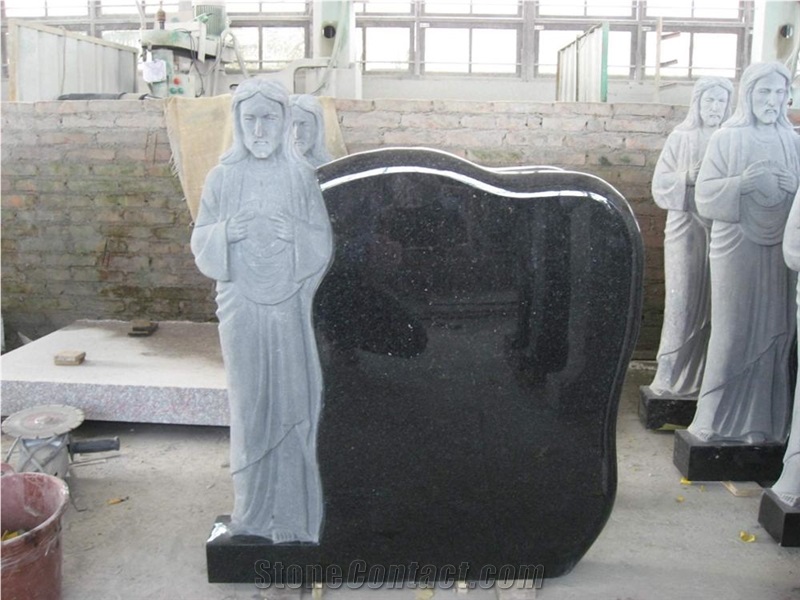Solemn Standing on Black Granite Jesus Headstone