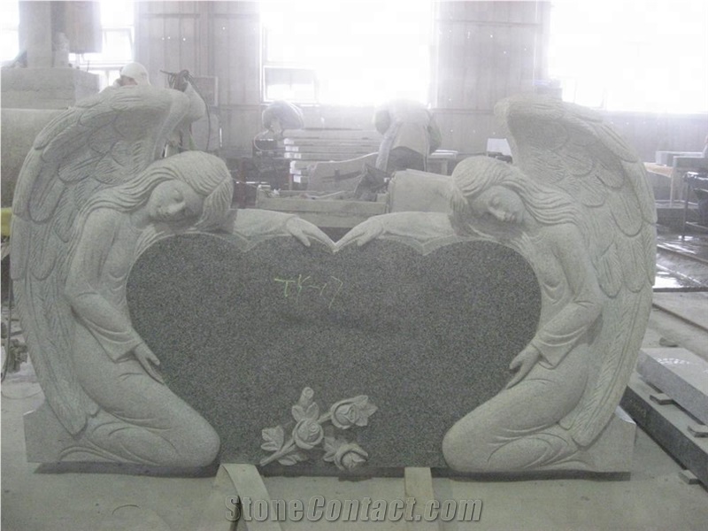 Two Little Angels Hugging a Heart Black Headstone