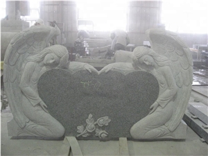 Two Little Angels Hugging a Heart Black Headstone