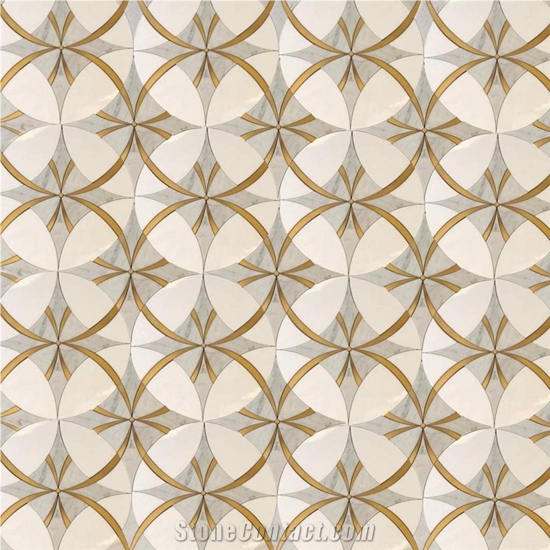 Water Jet Cut Marble Brass Inlay Tile