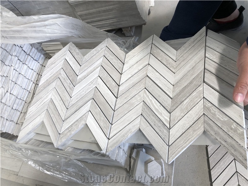 White Wood Marble Herringbone Pattern Mosaic Tiles