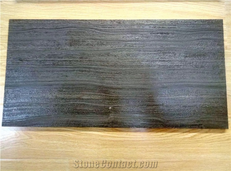 Leathered Finish Nero Seta Black Wood Marble Slabs