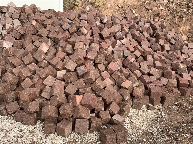 Red and Brown Basalt Stone Cobblestone, Pavers, Patio Cubes