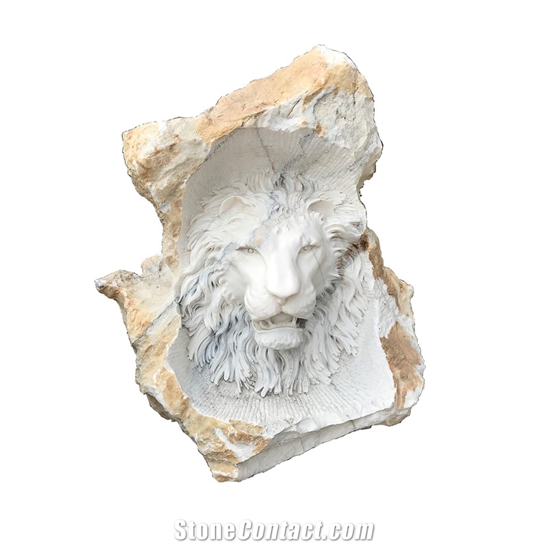 White Carved Marble Lion Statues